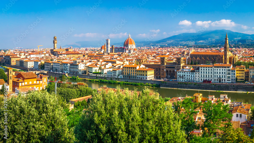 Florence cityscape. Beautiful view on Firenze, Italy. Amazing view from Michelangelo park square on Florence Palazzo Vecchio and Duomo Cathedral. Tuscany