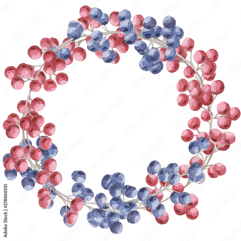 Round frame of twigs with red and blue berries. Watercolor design for photos, decor and design S Round frame of twigs with red and blue berries. Watercolor design for photos, decor and design S