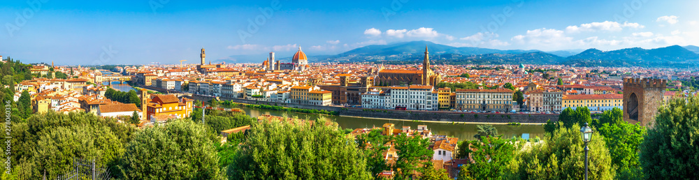 Florence panorama, Italy. Amazing panoramic view from Michelangelo park square on Florence Palazzo Vecchio and Duomo Cathedral. Firenze, Tuscany