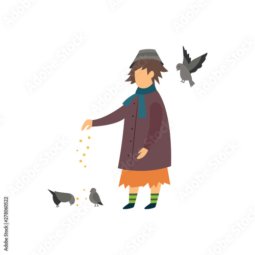 Homeless woman feeding doves flat vector illustration isolated on background.