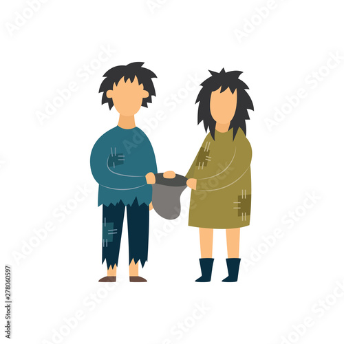 Homeless couple begging flat vector illustration isolated on white background.