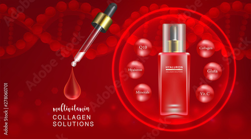 Beauty product ad design, red cosmetic container with collagen solution advertising background ready to use, luxury skin care banner, illustration vector.	