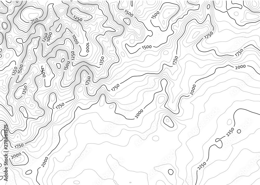 Contour topo map in black/white with labels - obrazy, fototapety, plakaty 