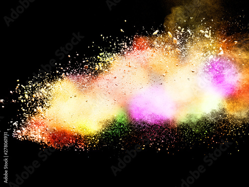 Abstract powder splatted background. Colorful powder explosion on black background.