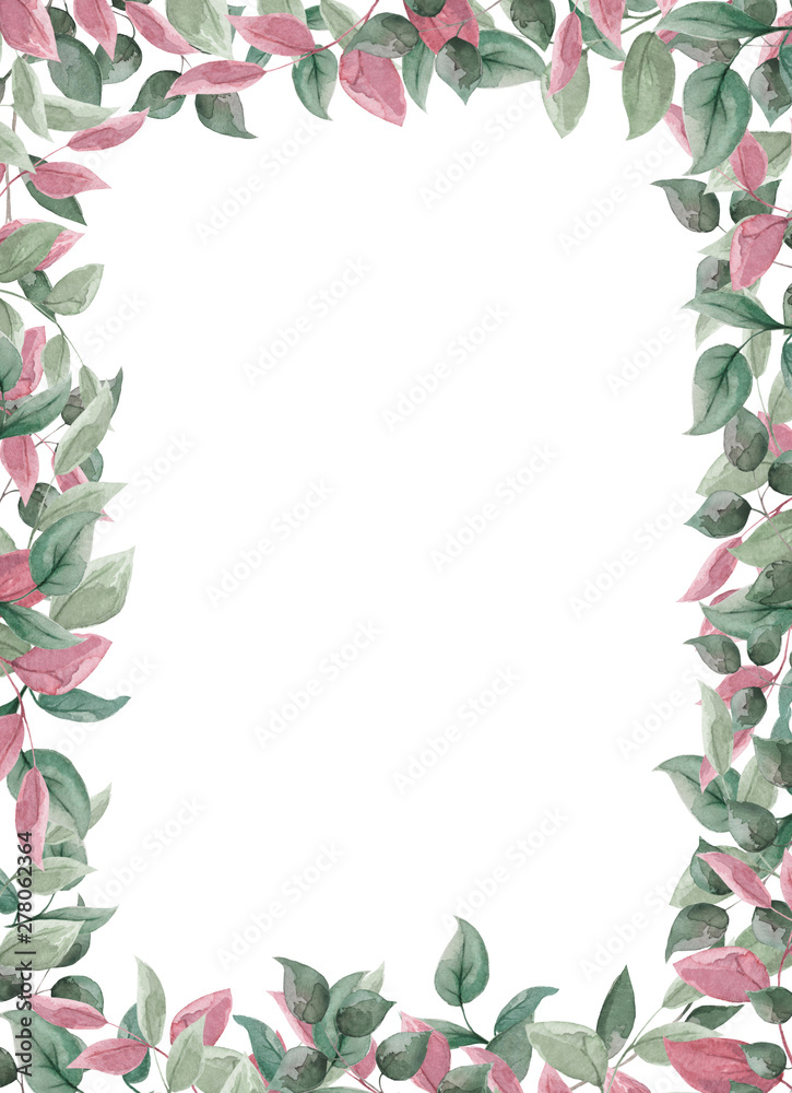 Fototapeta premium Vertical botanical frame for registration of photos, invitation cards on a wedding and a decor. Watercolor rectangular frame of burgundy, pink, green foxes and twigs