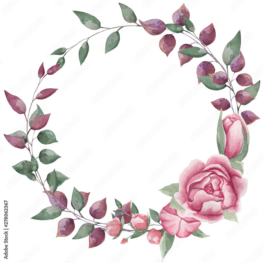 Round frame for decorating photos; Flowers, leaves, watercolor, on a white background. Delicate collection of s flowers compositions. Watercolor style for decor