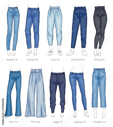 Set of female jeans models and their names sketch style photo