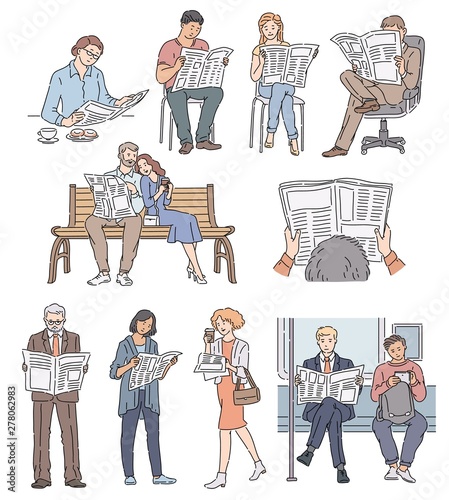 People read newspaper set of vector cartoon men and women images isolated on white.