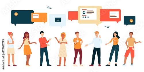 People characters with mail social net signs flat vector illustration isolated.