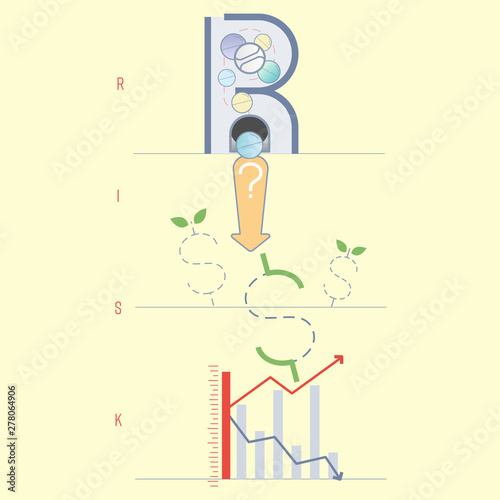 Investment risk typographic design. Pictorial symbol. Gashapon as a gimmick of uncertainty playing in the investment success presented in pictorial form. Vector illustration outline flat design style.