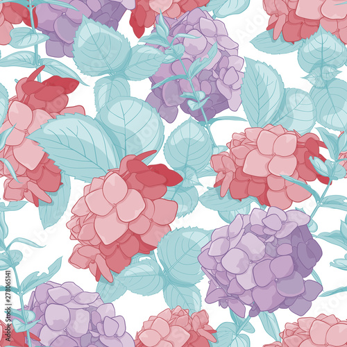 Seamless pattern of flowers of hartensia, twigs and leaves for your design. Texture for the design of cards, textiles and decor.