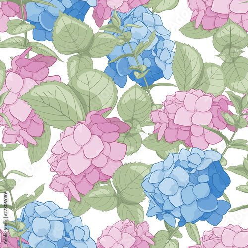 Vector seamless pattern of flowers of hartensia, twigs and leaves for your design. Texture for the design of cards, textiles and decor.
