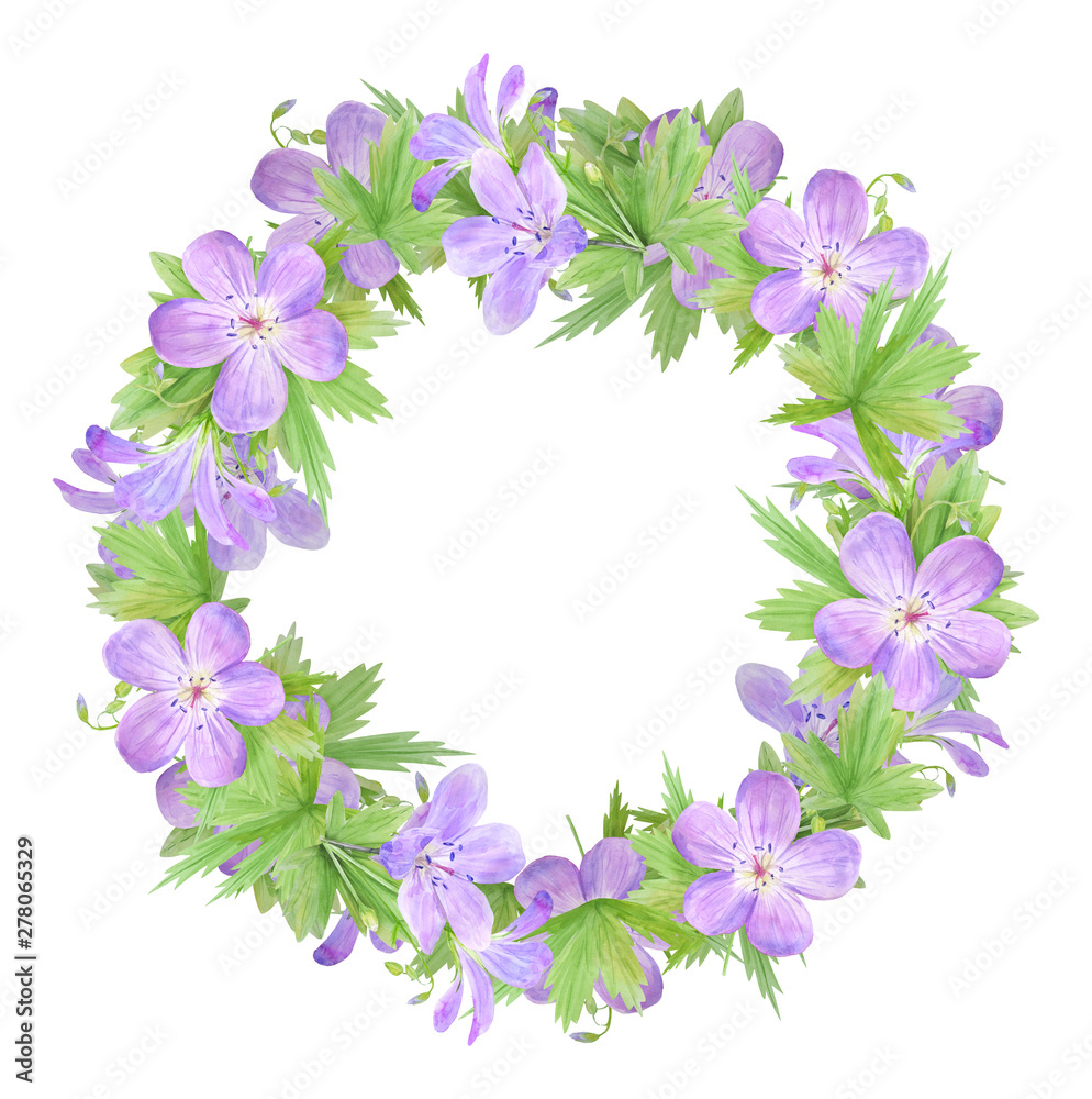 Watercolor wreath of lilac geranium flowers isolated on white background. Perfect for web design, cosmetics design, package, textile Watercolor wreath of lilac geranium flowers isolated on white background. Perfect for web design, cosmetics design, package, textile
