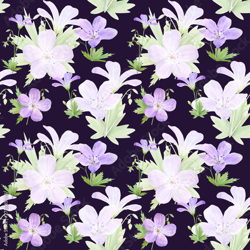 Seamless pattern of watercolor geranium flowers. Perfect for web design, cosmetics design, package, textile, wedding invitation, logo