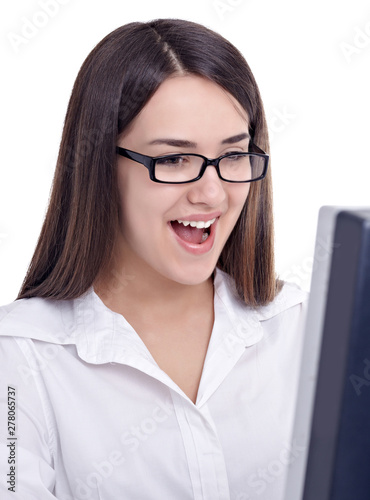 business woman officecomputer monitor smiling photo