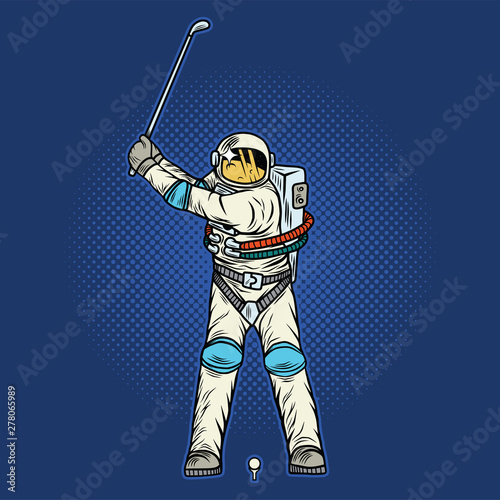 Isolated illustration of the astronaut playing golf. Vector color illustration.