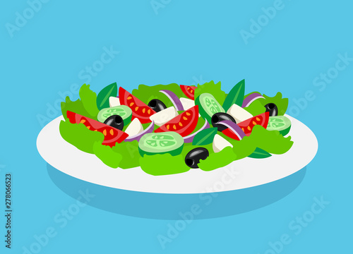 healthy fresh salad with tomatoes cucumber olives onion feta cheese lettuce on plate