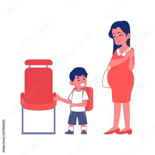 Polite boy and a pregnant woman flat vector Illustration isolated on a white.