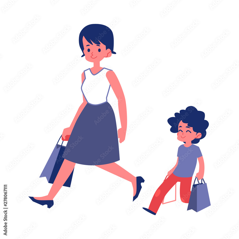 Polite child with good manners helping his mother flat vector isolated on white.