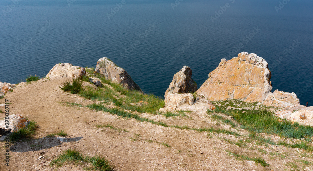 grass on the rock view of lake baikal