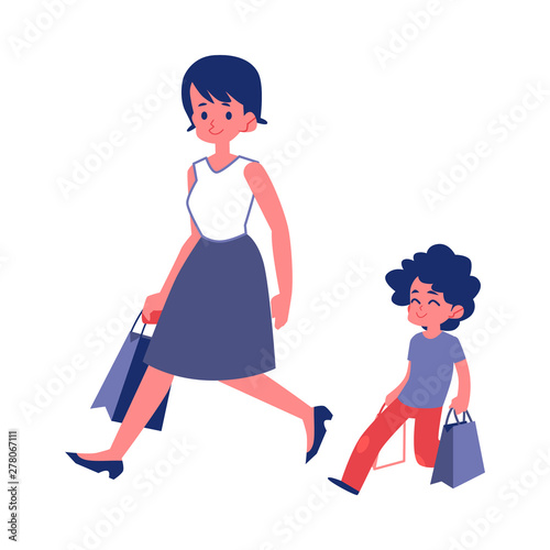 Polite child with good manners helping his mother flat vector isolated on white.