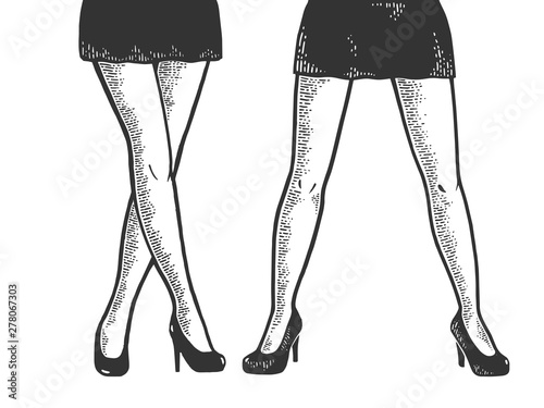 Young woman legs in short sexy mini skirt sketch engraving vector illustration. Scratch board style imitation. Black and white hand drawn image.