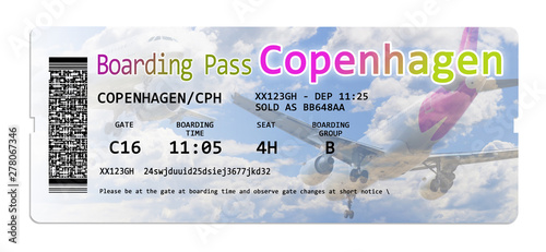 Photography Airline boarding pass tickets to Copenhagen isolated on white - The contents are
