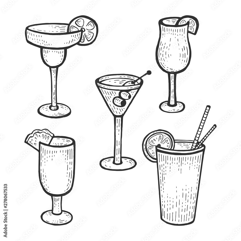 Cocktail glasses set sketch engraving vector illustration. Scratch ...