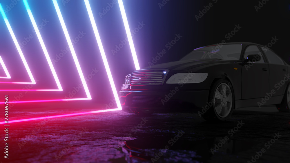Car model with blue and red neon on background