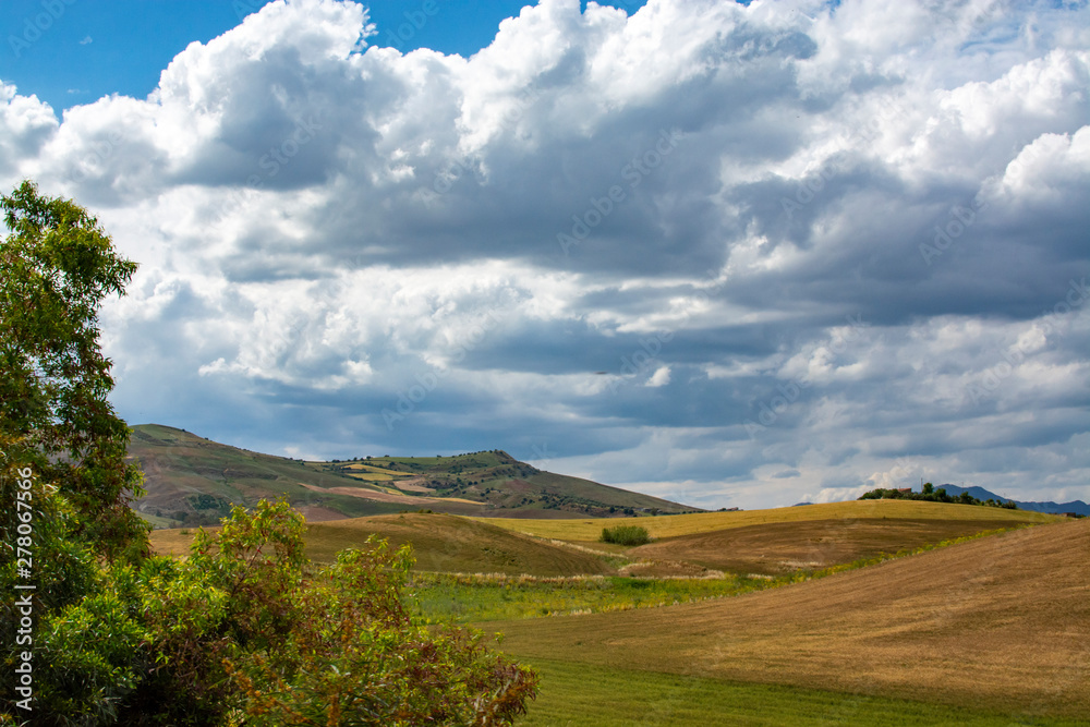 Fototapeta premium Landscape with pastures and wheat fields, Sicily, agriculture in Italy