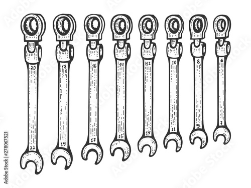 Wrench spanner set sketch engraving vector illustration. Scratch board style imitation. Black and white hand drawn image.