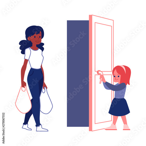 Polite courteous child open a door for woman flat vector illustration isolated.