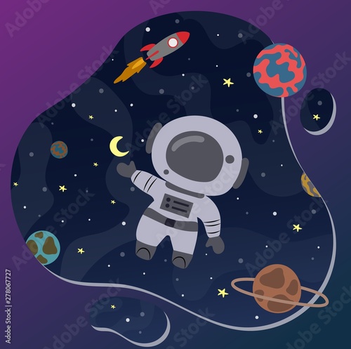 Cute little astronaut in space. Great design element for kids apparel, nursery decoration, patch, poster, t-shirt. Hand drawn vector illustration.