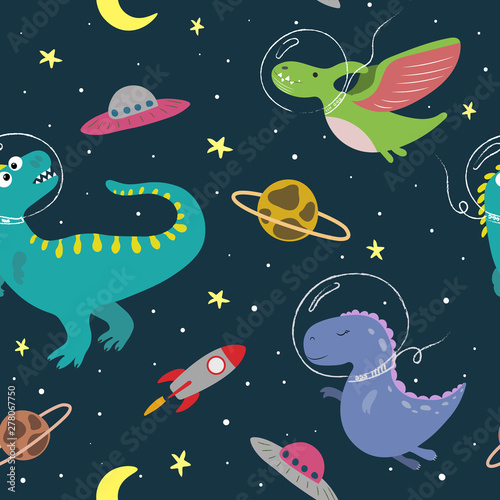Hand drawn seamless pattern with cute dinosaurs in space. Great design for kids apparel, nursery decoration, fabric, textile. Cute and colorful dino design vector illustration.