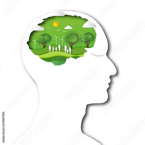 Paper art , cut and craft style of green environment with people and nature in the human brain background as Ecology design and environment conservation creative idea concept. Vector illustration.