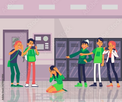 Teens or schoolboys offends a classmate flat vector illustration isolated on white.