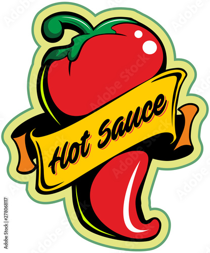 Vector red hot pepper with red ribbon, hot sauce label design element.