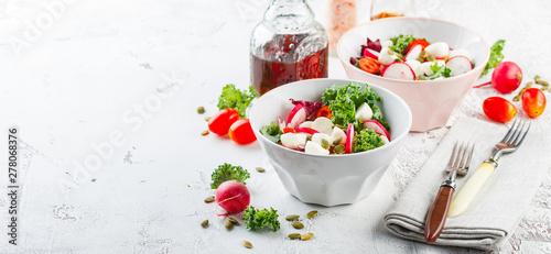 Salad with cherry tomatoes, radsh and mozzarella, lettuce mix