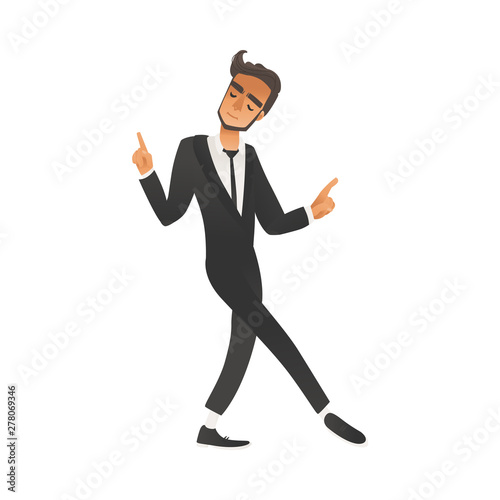 Happy dancing groomsman, man in suit, tuxedo in flat cartoon style.