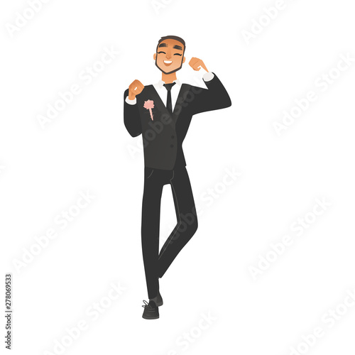 Happy young groom, man in suit, tuxedo in flat cartoon style.
