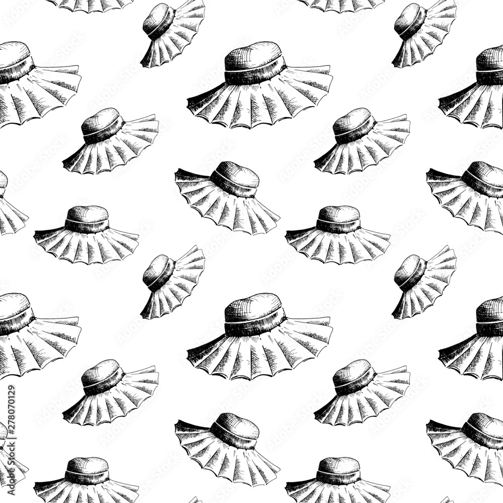 Hat pattern. Hand drawn women's straw hats in sketch style on transparent background. Seamless vector backdrop Hat pattern. Hand drawn women's straw hats in sketch style on transparent background. Seamless vector backdrop