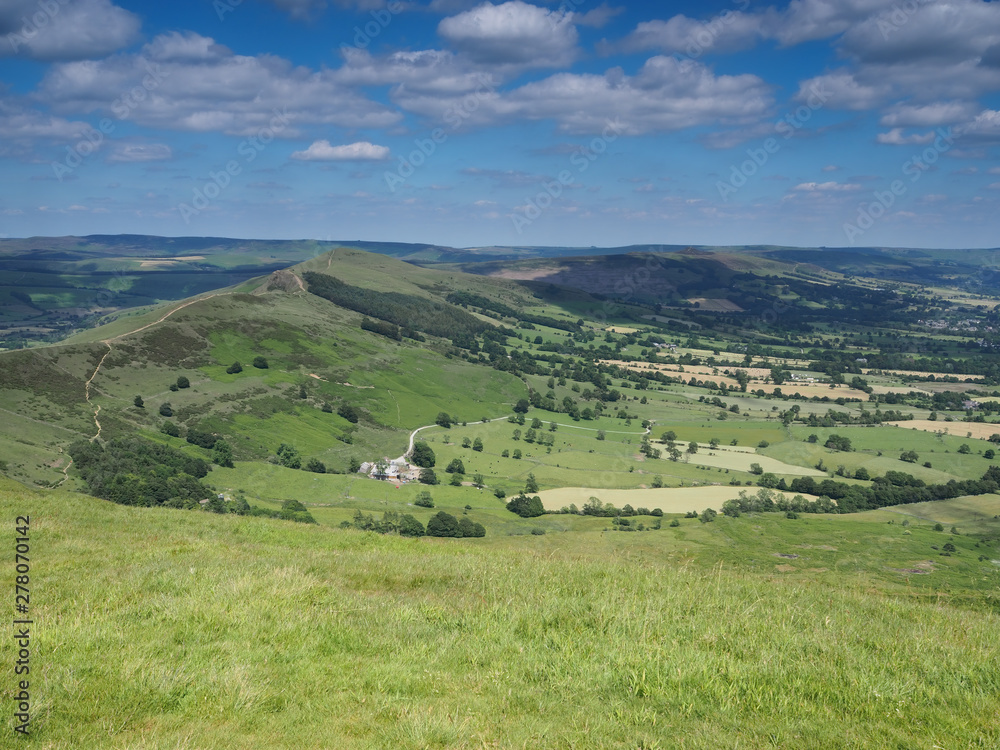 View from Mam Tor over Edale and Hope valleys with Back Tor and Lose Hill in the background, Peak District National Park, UK