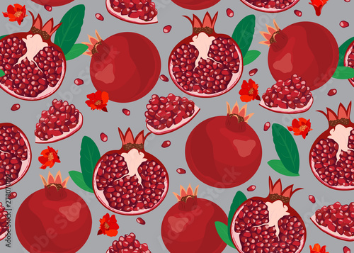 Pomegranate fruits seamless pattern and piece on silver background, Fresh organic food, Red ruby fruit pattern. Vector illustration.