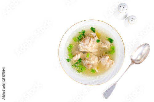 Broth with chicken meat Isolated on White background