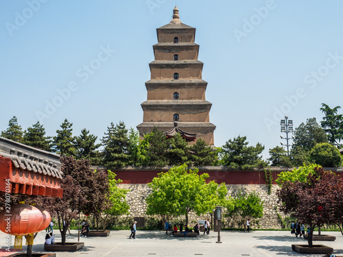 Giant wild goose Pagoda of Xian (China)  with the park in the front.