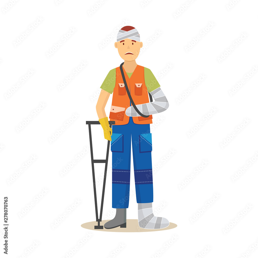 Man worker in uniform with body injury vector illustration isolated on white. Man worker in uniform with body injury vector illustration isolated on white.