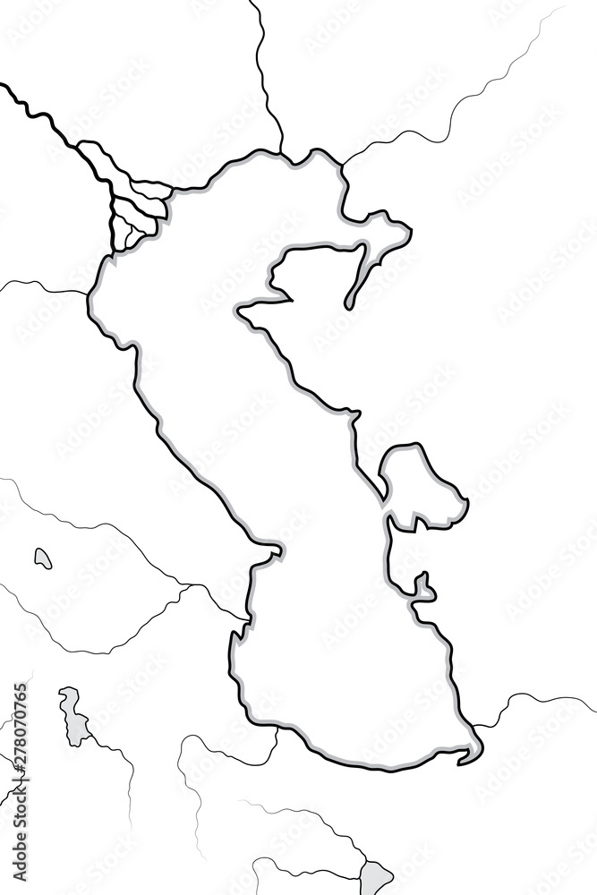 Map of The CASPIAN SEA basin: Central Asia, Caspian Sea & Circum-Caspian Region: Azerbaïdjan, Atropatene, Hyrcania, Persia, Iran, Turkmenistan, Kazakhstan, Chorasmia. Geographic chart with coastline.