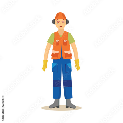Male construction worker stands with redness and lacrimation eyes cartoon style