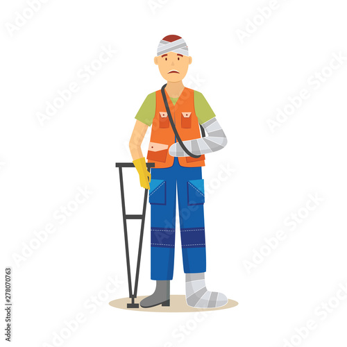 Man worker in uniform with body injury vector illustration isolated on white.