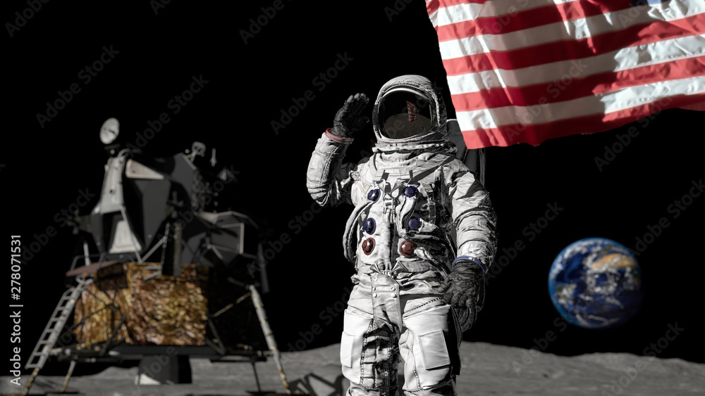 3D rendering. Astronaut saluting the American flag. CG Animation. Elements of this image furnished by NASA. - obrazy, fototapety, plakaty 